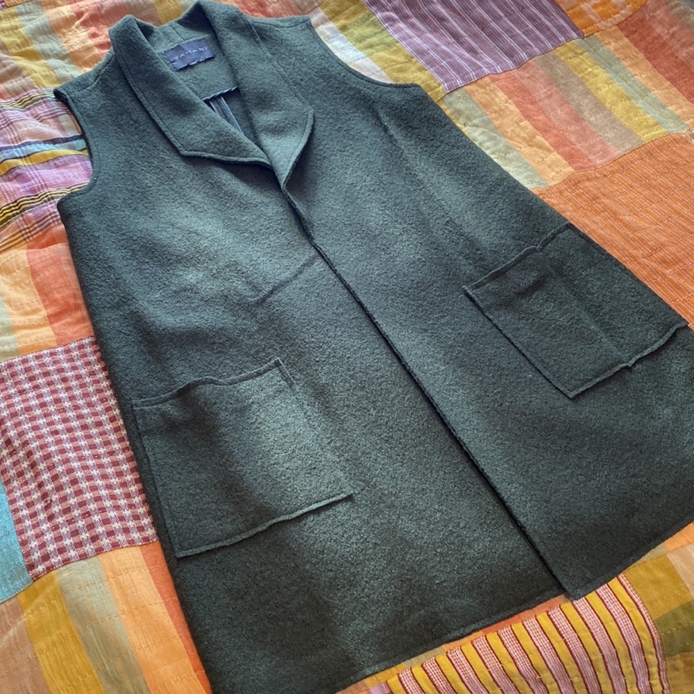 Tahari Wool Green Long Vest with Collar